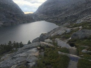 Where I am heading.  You can see the where the lake is probably draining to and on the right you can see a small waterfall which is really coming right down on the trail